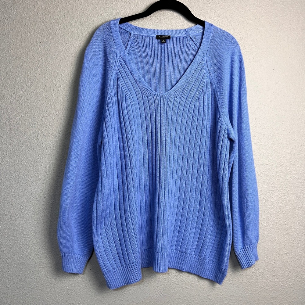 Talbots Plus Blue V-Neck Ribbed Cotton Blend Raglan Cozy‎ Oversized Sweater 1X